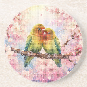 Geometric Style Lovebirds Among Cherry Blossoms Coaster