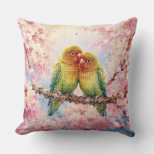 Geometric Style Lovebirds Among Cherry Blossoms Cushion