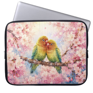 Geometric Style Lovebirds Among Cherry Blossoms Laptop Sleeve
