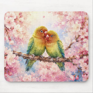Geometric Style Lovebirds Among Cherry Blossoms Mouse Pad