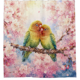 Geometric Style Lovebirds Among Cherry Blossoms Shower Curtain