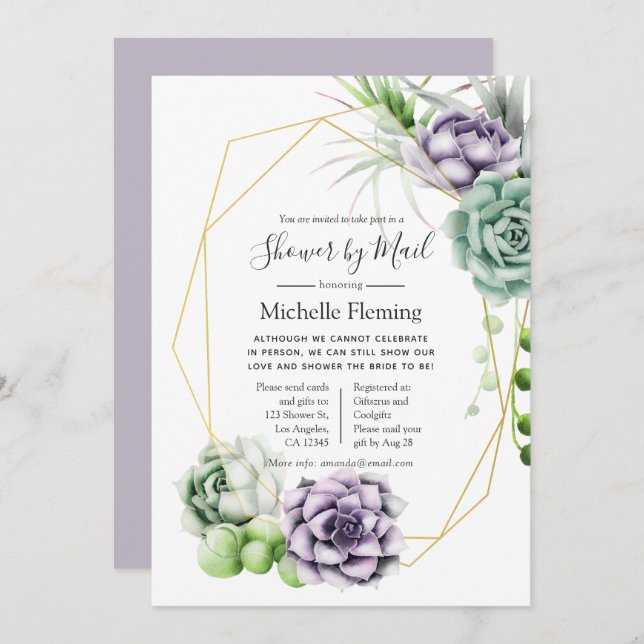 Geometric Succulents Baby or Bridal Shower by Mail Invitation (Front/Back)