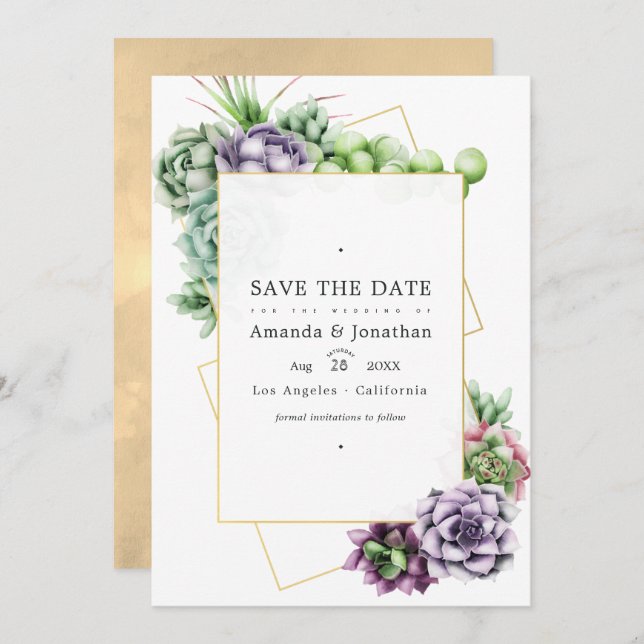 Geometric Succulents Wedding Photo Save The Date (Front/Back)