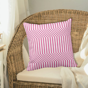 Geometric Summer Pink & White Stripes & Chequered Cushion