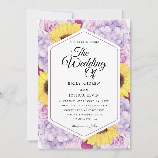 geometric Sunflower and purple wedding invitations (Front)