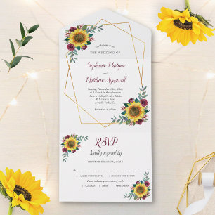 Geometric Sunflower Burgundy Rose Modern Wedding All In One Invitation