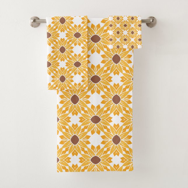 Geometric Sunflower Pattern on White Bath Towel Set (Insitu)