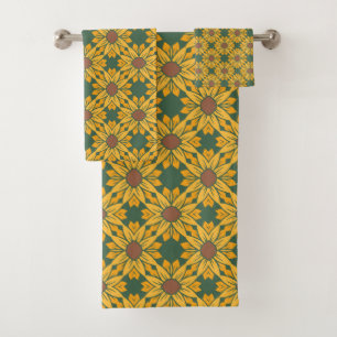 Geometric Sunflower Patterns on Dark Green Bath Towel Set