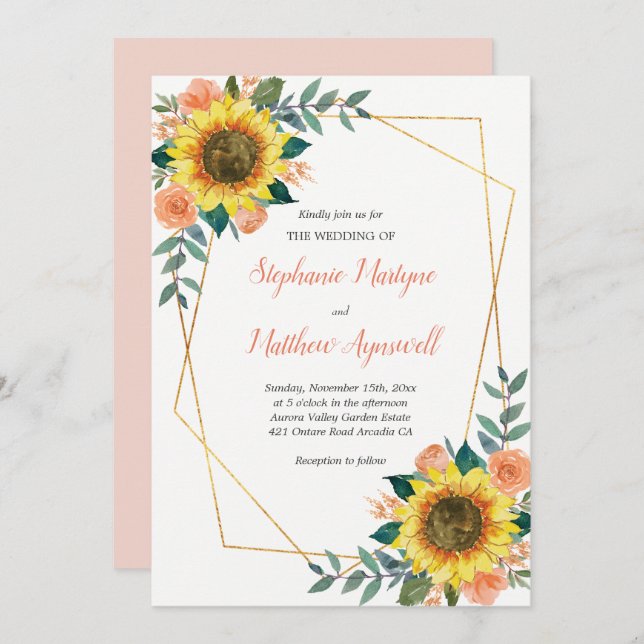 Geometric Sunflower Peach Roses Floral Wedding Invitation (Front/Back)