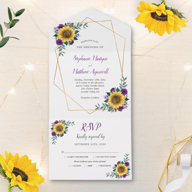 Geometric Sunflower Purple Rose Modern Wedding All In One Invitation (Creator Uploaded)