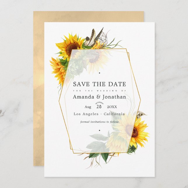 Geometric Sunflower Rustic Barn Country Wedding Save The Date (Front/Back)