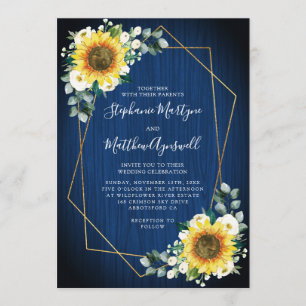 Geometric Sunflowers Navy Blue Floral Wedding Invitation