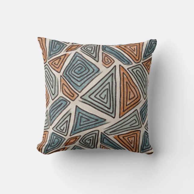 Geometric Swirls, Teal, Olive Green, Rust Cushion (Front)