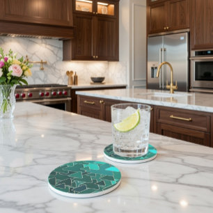 Geometric Teal and Gold Sandstone Coaster