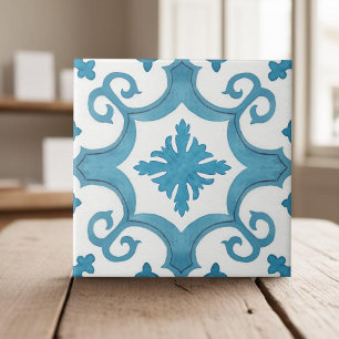Geometric teal blue moroccan mediterranean style ceramic tile