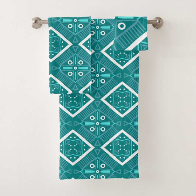 Geometric Teal Tile Print Pattern Aqua Blue Bath Towel Set (Insitu)