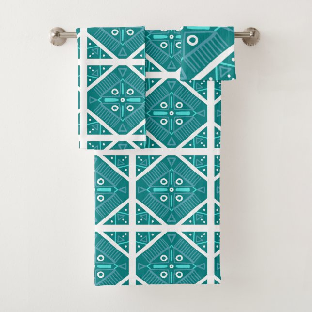 Geometric Teal Tile Print Pattern Aqua Blue Bath Towel Set (Insitu)