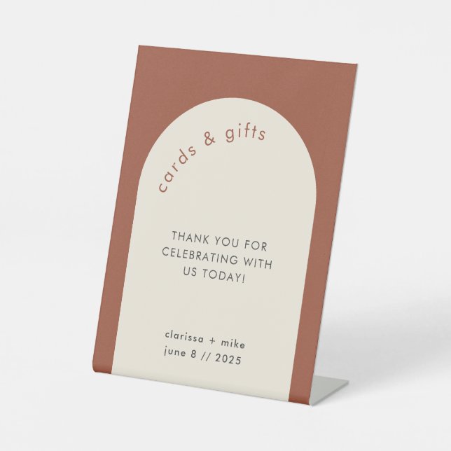 Geometric Terracotta Arch Wedding Gift Cards Pedestal Sign (Front)