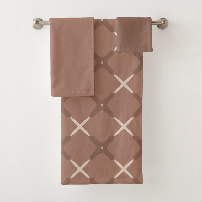 Geometric Tile Pattern with Mocha Brown and Cream  Bath Towel Set (Insitu)