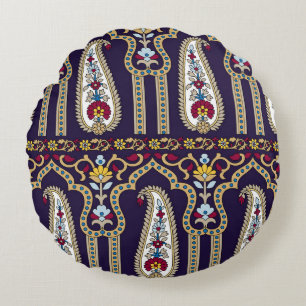 Geometric traditional paisley pattern with border round cushion