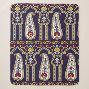 Geometric traditional paisley pattern with border sherpa blanket