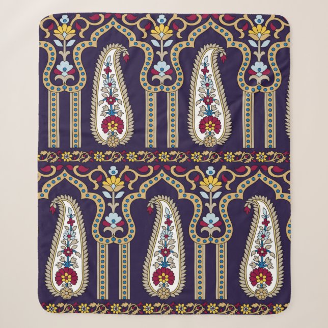 Geometric traditional paisley pattern with border  sherpa blanket (Front)