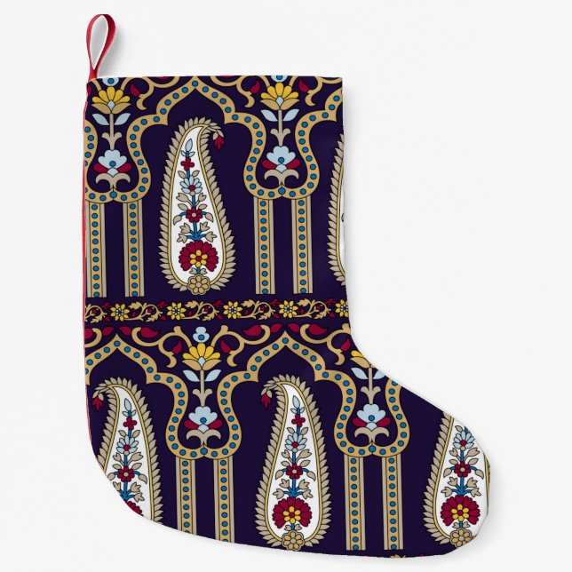 Geometric traditional paisley pattern with border  small christmas stocking (Front)