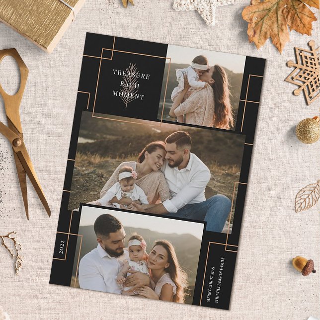 Geometric Treasure Each Moment Christmas 3 Photo H Holiday Card (Creator Uploaded)