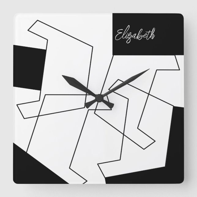 Geometric Trendy Black And White Monogrammed Square Wall Clock (Front)