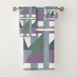 Geometric Triangle Pattern  Blue Violet Green Bath Towel Set