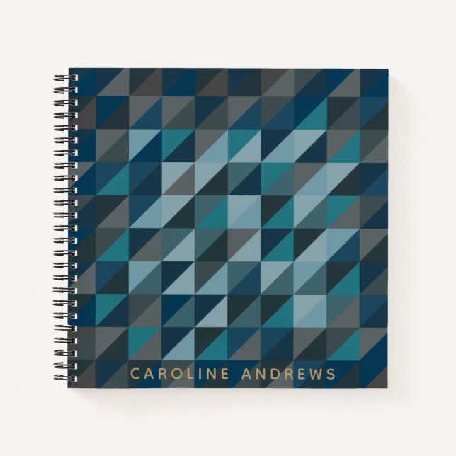 Geometric Triangle Pattern in Blue and Grey Name Notebook (Front)