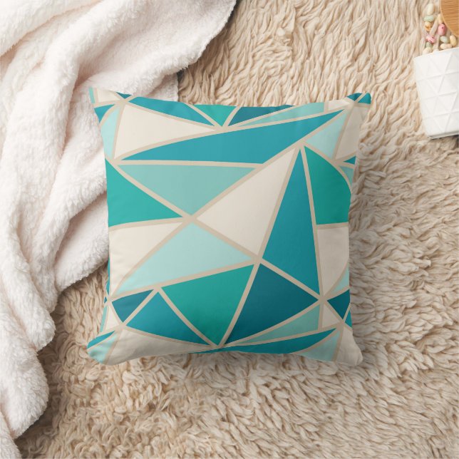 Geometric Triangles, Coastal Turquoise Lagoon Blue Cushion (Blanket)