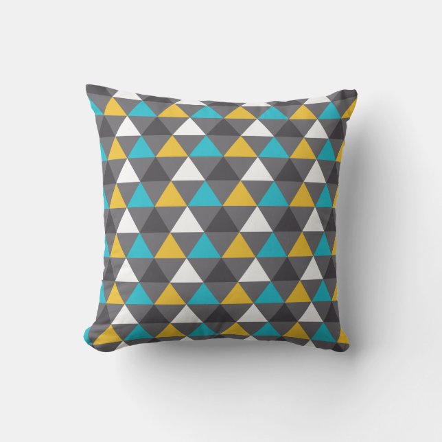 Geometric Triangles Grey Blue Yellow Pattern Cushion (Front)