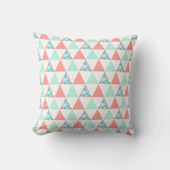 Geometric Triangles Mint Green Coral Pink Pattern Cushion (Front)