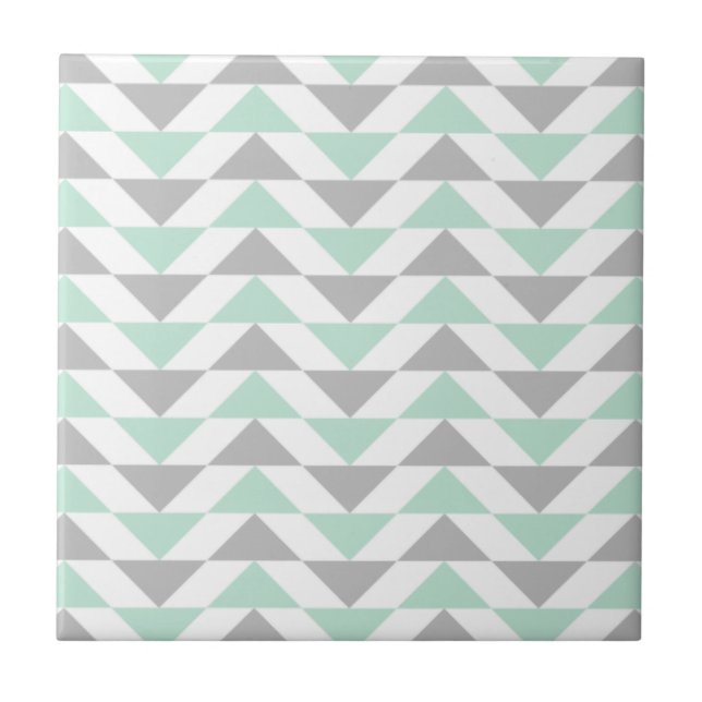 Geometric Triangles Mint Green Grey White Pattern Ceramic Tile (Front)
