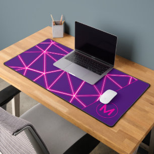 Geometric triangles neon pink Monogram purple Desk Mat