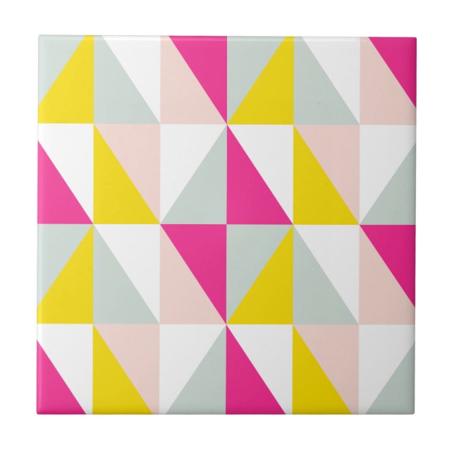 Geometric Triangles Pink And Yellow Pattern Ceramic Tile (Front)