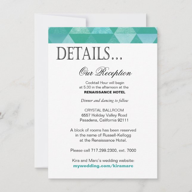 Geometric Triangles Reception Details | teal Invitation (Front)