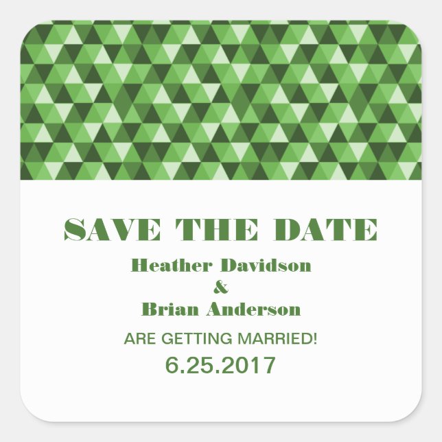 Geometric Triangles Save the Date Stickers, Green Square Sticker (Front)