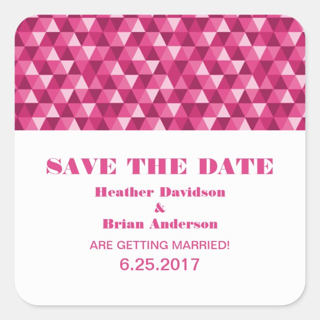 Geometric Triangles Save the Date Stickers, Pink Square Sticker (Front)