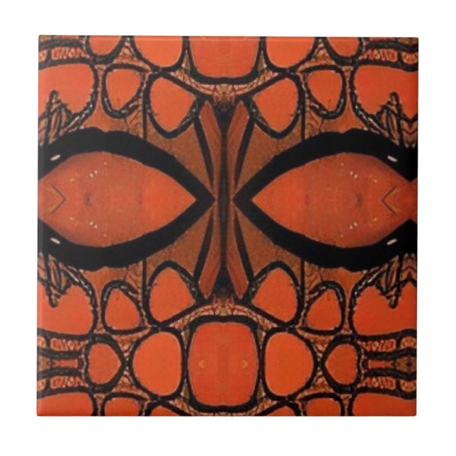 Geometric tribal mosaic abstract orange black eyes ceramic tile (Front)