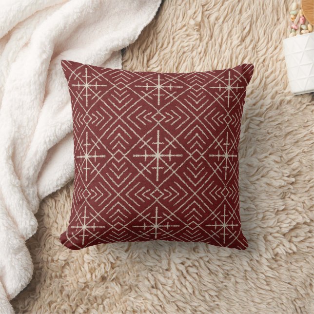 Geometric Tribal Mud Cloth Pattern Cream Burgundy Cushion (Blanket)