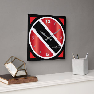 Geometric Trinidad and Tobago Flag and FAMILY NAME Square Wall Clock