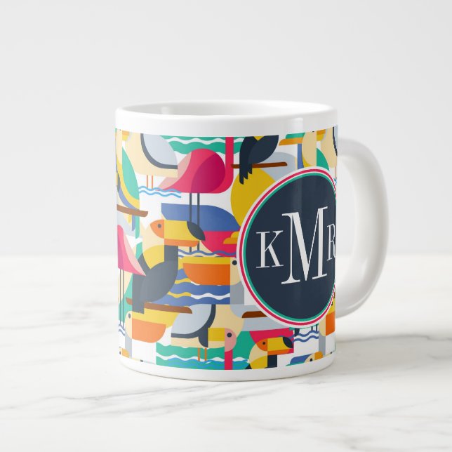Geometric Tropical Birds | Monogram Large Coffee Mug (Front Right)