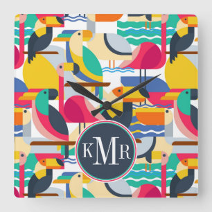 Geometric Tropical Birds Monogram Square Wall Clock