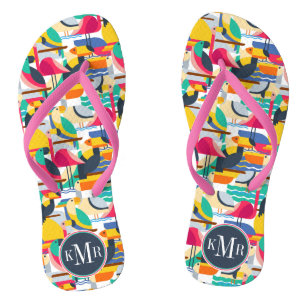 Geometric Tropical Birds   Monogram Thongs
