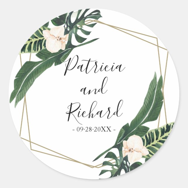 Geometric Tropical Destination Wedding Classic Round Sticker (Front)