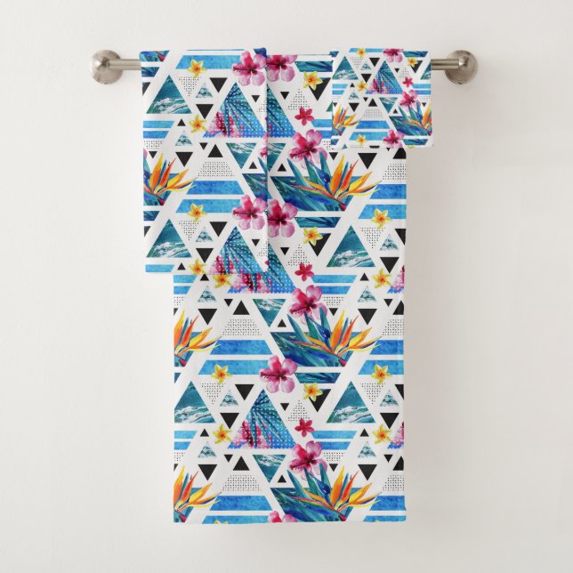 Geometric Tropical Flowers Pattern Bath Towel Set (Insitu)