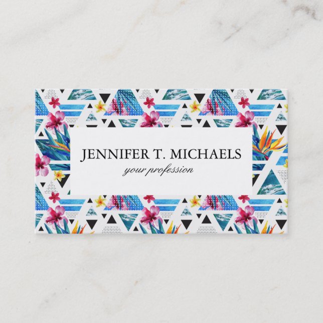 Geometric Tropical Flowers Pattern Business Card (Front)