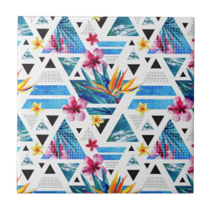 Geometric Tropical Flowers Pattern Ceramic Tile
